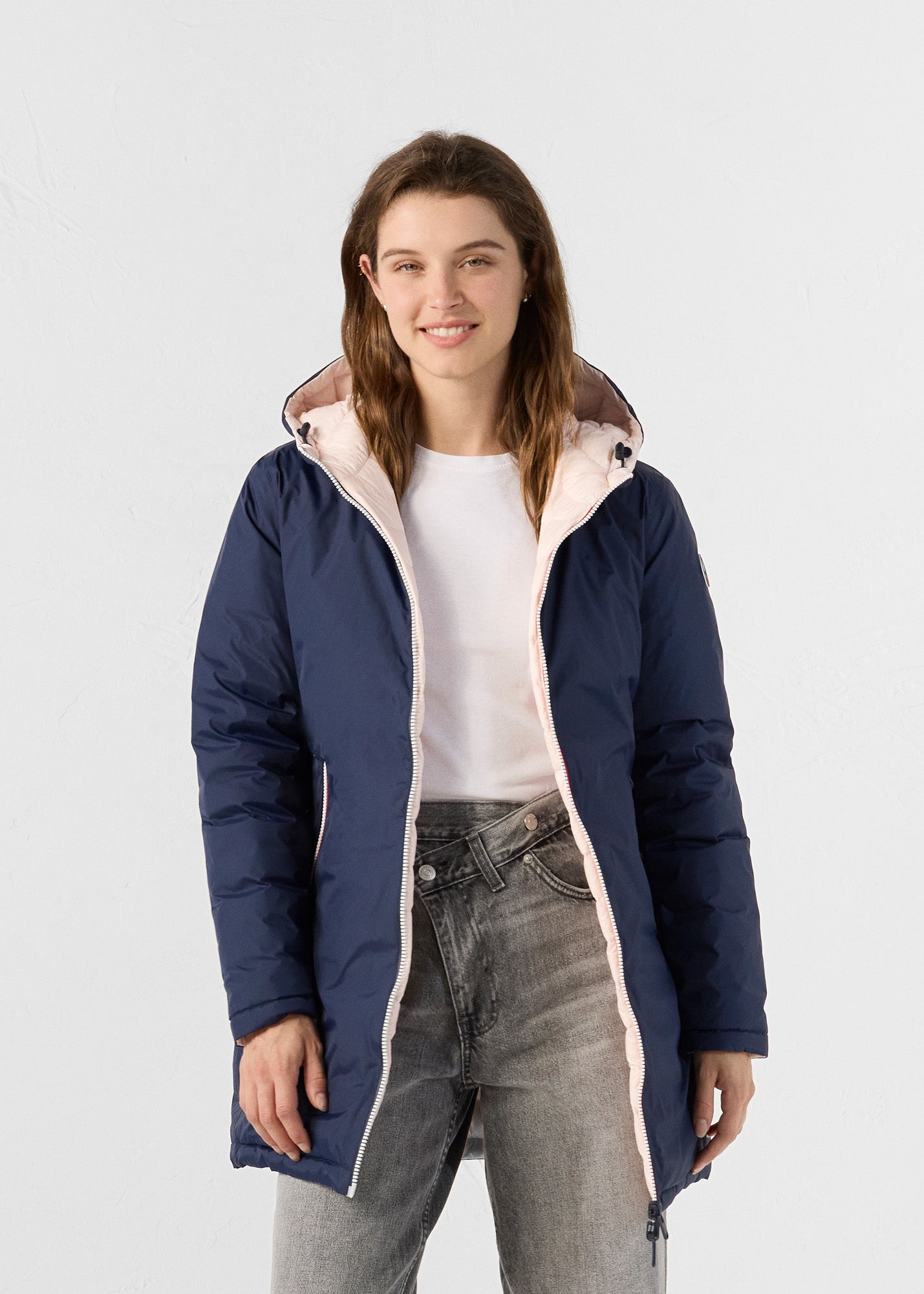 Doudoune longue réversible Marine/rose pétale Verone